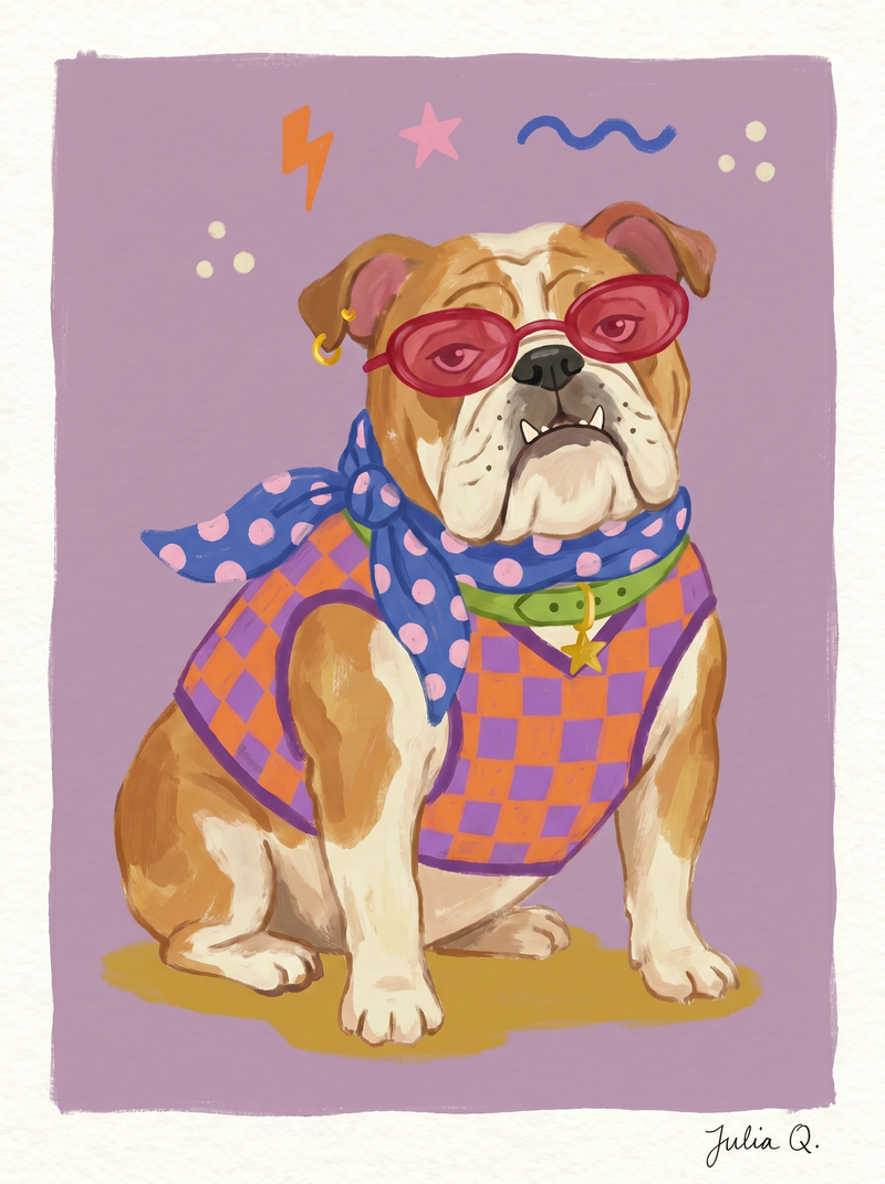Julia Q. bulldog illustration with visible painted texture, dry-brush marks, and warm paper-like grain.