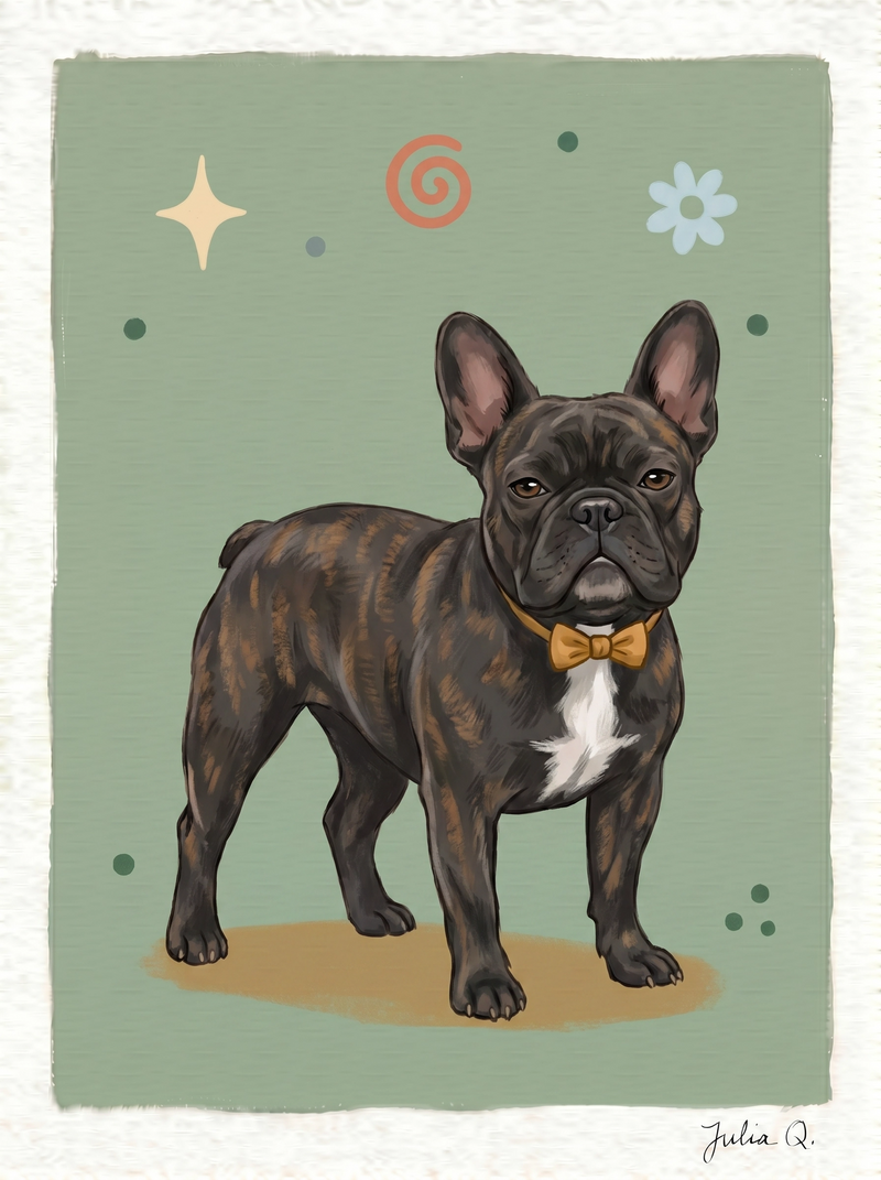 Julia Q. brindle French bulldog portrait with expressive eyes, a bright catchlight, and characterful facial detail.