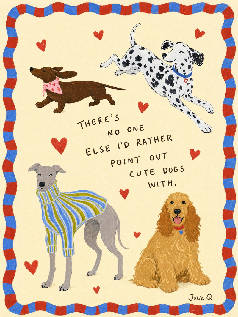 Finished Julia Q. dog poster showing the painted border, warm paper margin, website footer, and artist signature.