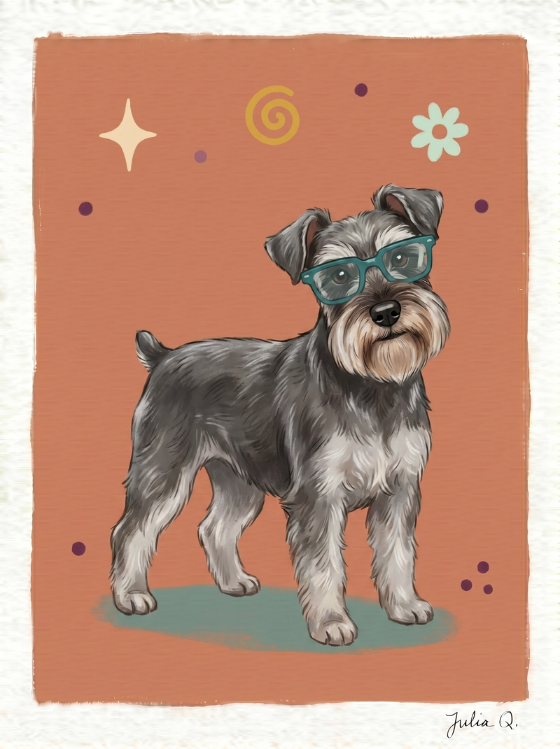 Julia Q. miniature schnauzer illustration showing the textured brushwork behind a handmade digital pet portrait.