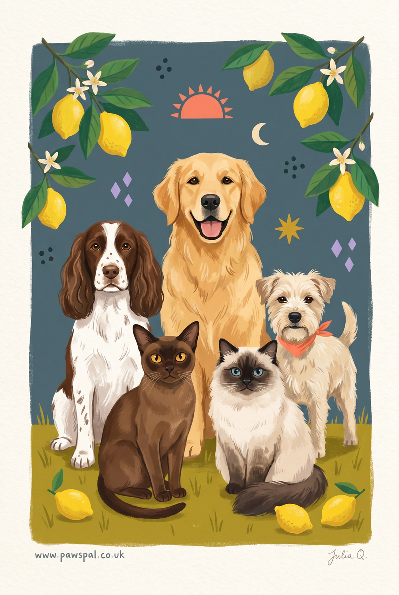 Julia Q. multi-pet portrait showing a balanced composition of three dogs and two cats in a lemon-filled scene.