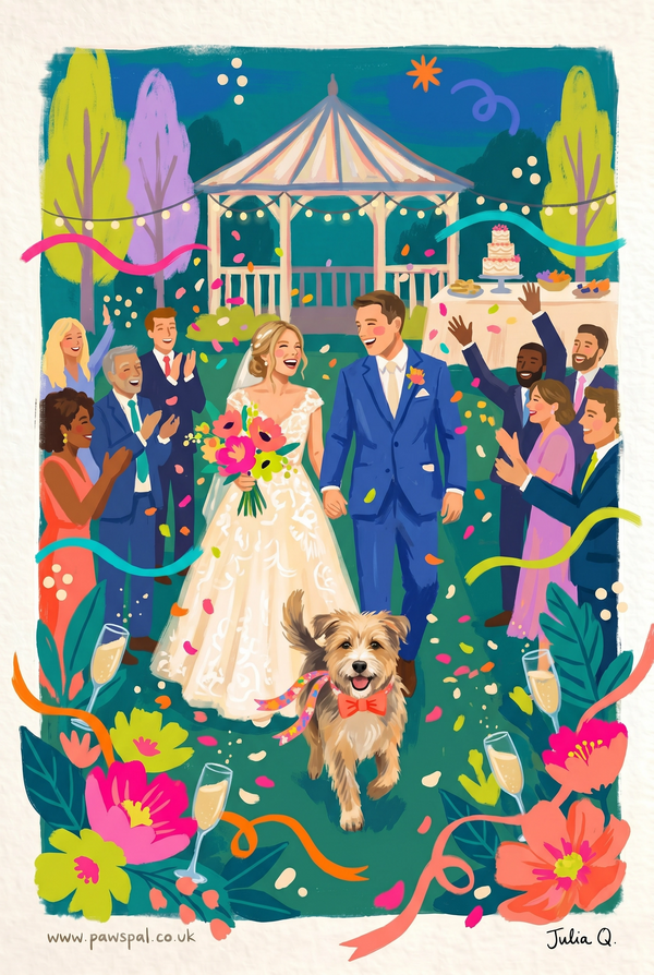 Custom wedding portrait with a couple and their dog